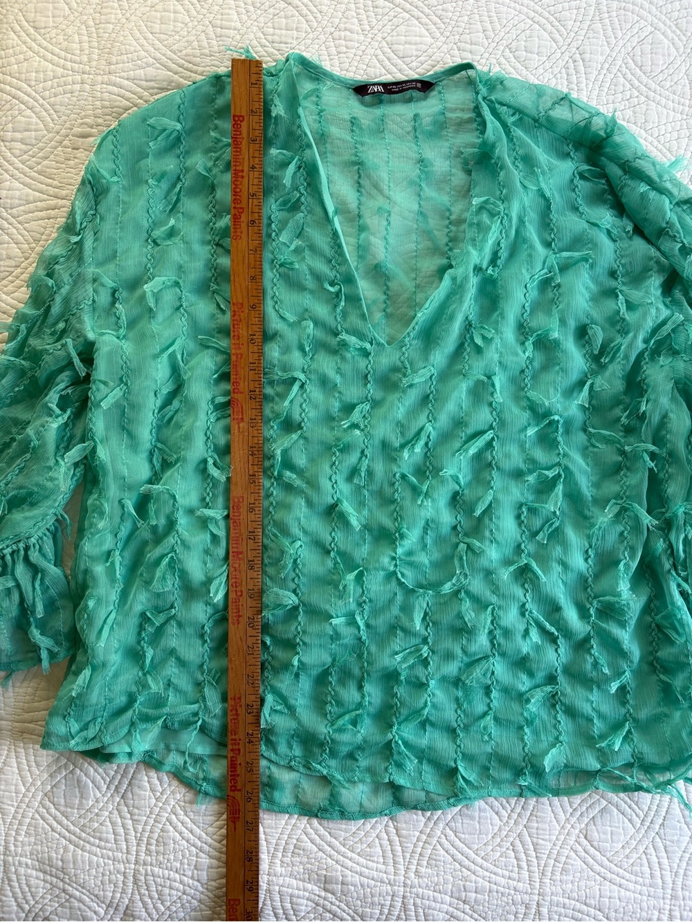 Zara XL Mint Teal V-Neck Textured Long-Sleeve Blouse - Picture 4 of 8